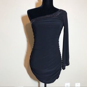 One long sleeve black mini dress